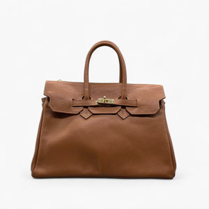 No. 278 Large Tote Bag in Camel Leather with Twist Lock and Gold Hardware - Noirblanc